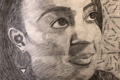 A close up pencil drawing headshot surrounded by words. "toilet paper, shampoo, brakes, snacks, history, organic, tax refund, etc." fill the space around the head in a pattern of anxiety.