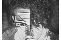 self portrait of a young man looking downward. a variety of line styles create different textures in the composition.