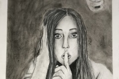 self portrait of a young woman, central in the composition one finger to her lips as to shhh, the other to her ear. in the background a gun is pointed towards her and the viewer.