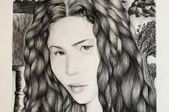 A self portrait of the artist with shiny eyes and beautiful woven looking wavy hair. behind here is two scenes, one of industry and smoke stacks polluting, the other a beautiful sunset among rocks and ocean.