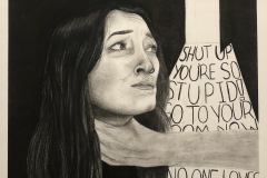 A self portrait suggesting mental and physical abuse. A woman with strained face is held at the neck by another hand. She looks at her abuser. words like "shut up your so stupid" hold space in the background.