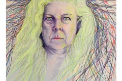 a colorful self portrait of a woman with trailing yellow wavy hair that consumes the composition. colored strands surround her electrically filling the negative space.