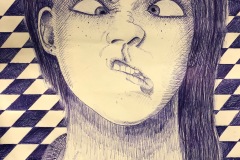 A self-portrait done in ball-point pen. The face is a scrunched up face with eyes crossed and mouth skewed. There is varying line styles to create different textures of skin, hair and cloth.