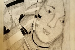 A light toned self portrait of a young woman holding several flags. the light values of the drawing are created with a scratchy angled pencil marking.