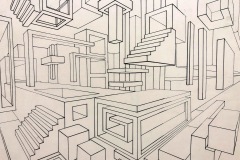 Black and white perspective drawing depicts block shapes receding into space in two points, one on the left and right side of the composition. This creates a feeling of depth in space.