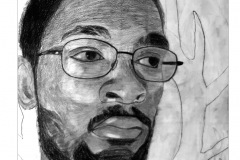 A portrait of a young man looking to the right side of the composition. his exression is flat. various line work achieves different textures of his skin, hair, eye balls and glasses.