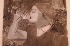 A self portrait depicting a woman drinking a bottle of water with a fish in it. The background is littered with cut tree stumps and garbage, suggesting enivronmental concern as the theme.