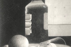 A still life with a sense of time and space. A bottle of alcohol, glass and fruit sit on a plate in the foreground. a calendar hangs on the wall behind. the mark making is a delicate grainy cross-hatch.