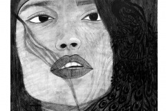 Self portrait of a young woman with windswept hair that fills the page. among her hair is a stylized peacock. on her forehead a flag.