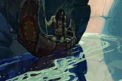 After NC Wyeth’s “In the Crystal Depths”, this work depicts a lone Native American man traveling in a canoe on a river. His gaze is cast down at the water that reflects his surroundings.