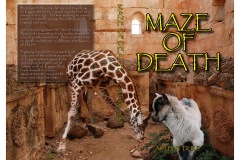 “Maze of Death” is a book cover telling of a sheep named “Bob” who travels to Egypt. Bob gets accused of murdering a giraffe and is thrown into a maze. The cover depicts Bob and a giraffe inside a stone pyramid.