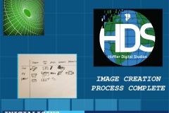 A grid like screen has the appearance of an old computer program with a logo of the Earth. The screen says “Image Creation Process Complete”