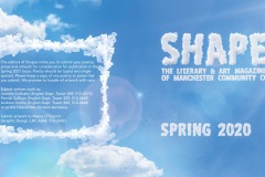 A cover for MCC’s magazine called “Shapes”. The background is a blue sky with the words “Shapes: Spring 2020” written in a cloud-like font. There is a tiny jet plane in the sky, too.