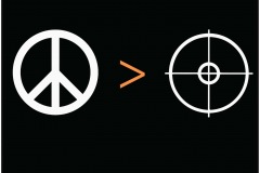 A simple poster promoting an end to gun violence. A simple equation, on a black background. A peace sign with the "greater than" symbol next to it and a target/scope next to that.