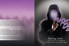 A cover for MCC’S magazine called “Shapes”. The front is a hooded person with no face and an index finger raised to the mouth as if to “SHH”. The face is a nebula swirl whispering the word “Shapes”.