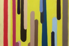 A bright abstract painting with thick streaking colored tubes of varying lengths. The background is a bright blatant yellow.
