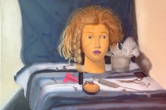 A colorful salon themed still life depicting a mannequin head with a practice braid among other hairdresser tools.