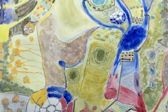 A busy abstract watercolor where colorful clusters of forms and patterns intersect and create an energy within the piece. Varying sizes of forms and various markmarking styles create texture.