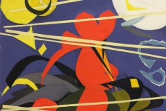 Abstract painting with many colors and varying lines and shapes that look like random paper cutouts. Sharp points contrast with rounded forms extending in horizontal direction.
