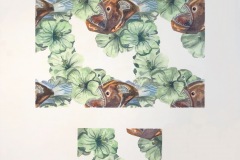 A watercolor pattern piece where a pirahna is placed on a grid-like pattern of delicate hibiscus flowers.