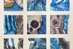 A grid of 9 small squares fill the composition . Each square depicting a bit of an aquatic scene including a mermaid, skull, rock, coral and water.
