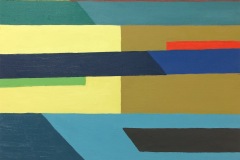 Abstract painting with horizontal chunky trapezoid shapes entering from the left and right side of the piece. The plank like shapes meet in somewhere in the middle and change color.