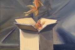 Fantastical painting with an unmarked cardboard box in the center. From the open top of the box three goldfish are swimming upward into space. Their shadows are cast on the background.