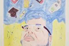A light toned self portrait where all the colors are pastel. The artist is pictured gazing upwards at a bunch of floating objects, a computer, a paintbrush, a game controller, a notebook, a diploma, an apron, and graduation cap.