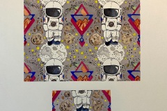 A busy colorful watercolor painting depicting a repeating pattern of an astronaut standing on a tiny moon with stars and rock bits surrounding.