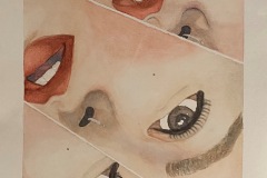 A fragmented watercolor painting depicting parts of a womans face separated by white lines.
