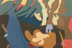 An abstract color cutout painting. A giant whale shape is among the bottom of the composition while varying muted color organic shapes fill the remaining space.