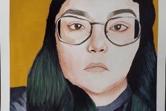 A watercolor self portrait depicting the artist gazing at the viewer. The artist has a flat expression, green tips on the long hair, on a bright colored background.