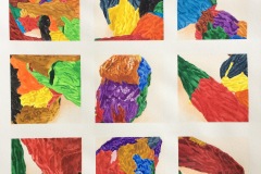 A grid of 9 small squares fills the composition. Each square is  a unique blend of textured colors.