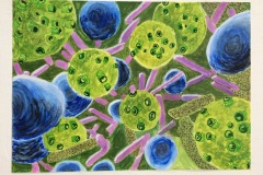 An abstract watercolor piece depicting a microscopic-like scene of cell-like forms interacting with other shapes.