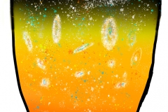 Amoeba-like shapes floating in orange to green to dark sky.