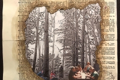 Altered page from a book with burned die cut for image of family picnic.
