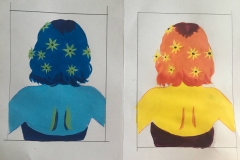 Side by side images of young woman’s back, shoulders and hair with flowers.
