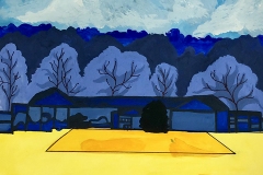 View of a farm with yellow as the primary color and blue as hue extension contrast.