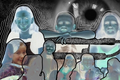 Thumbprint, eye and film negative imagery of children collaged.