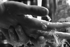 Close up of hands washing in the sink with running water.
