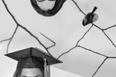Two cropped images of a young woman with branches and a bird connecting them.