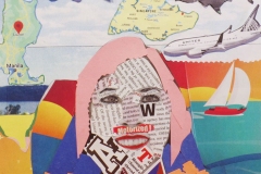 Airplane, Boat, house and woman collaged with cut paper to denote travel from Singapore to U.S.