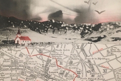 Map of Paris, church and mountains collaged.