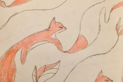 A delicate diagonal pattern of orange foxes with long flowing tails.