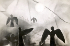 A dream-like depiction of “heaven” with floating angels in a hazy ground.