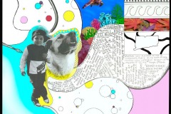 collage of painters palette, boy with dog, and letters, patterns.