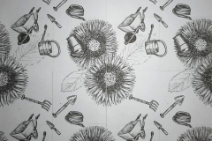 Series of patterns using shapes from nature, plants and octopuses, garden tools and knives.