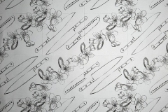 Series of patterns using shapes from nature, plants and octopuses, garden tools and knives.
