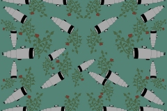 Pattern of telescopes and flowers on green background.