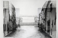 Photographic images of two buildings on either side of the page, with a hand-drawn bridge connecting them in the middle.
